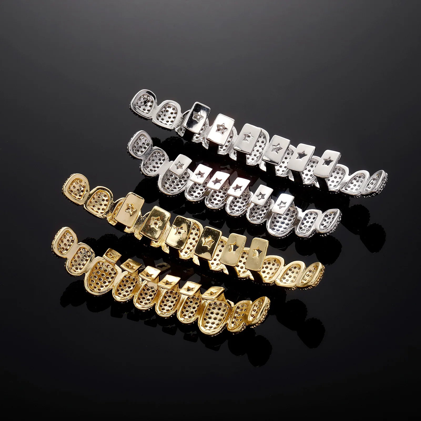 TOPGRILLZ 5A CZ Stones Teeth Grillz 14K Gold Plated Tooth Caps
