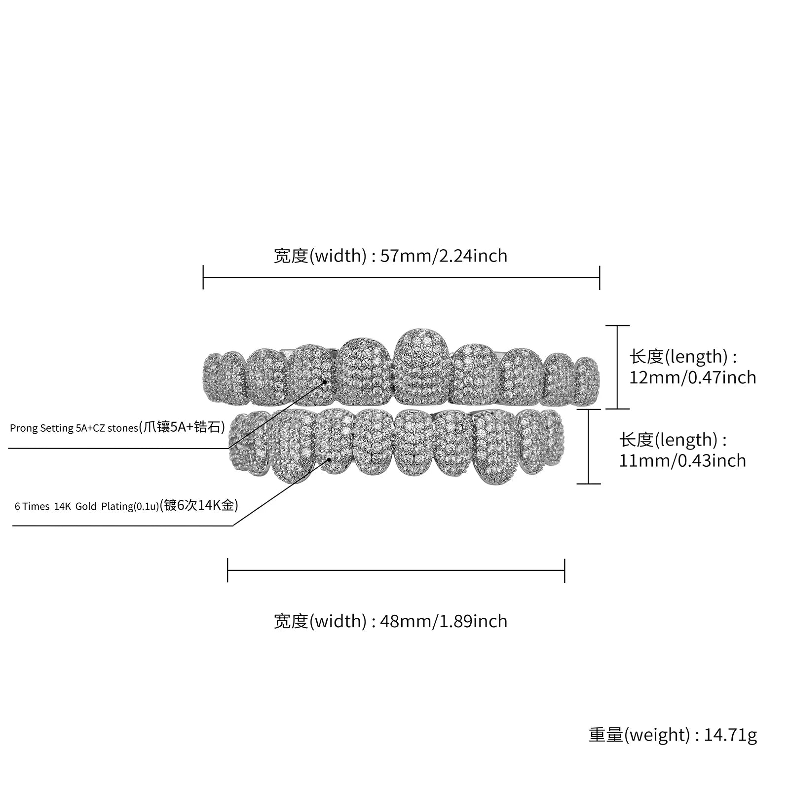 TOPGRILLZ 5A CZ Stones Teeth Grillz 14K Gold Plated Tooth Caps
