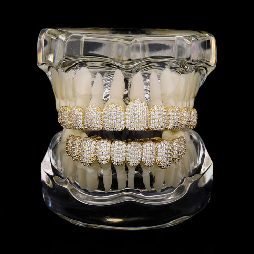 TOPGRILLZ 5A CZ Stones Teeth Grillz 14K Gold Plated Tooth Caps